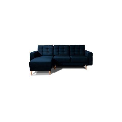 Canapé d'angle convertible et réversible velours ANSKA - Pieds bois naturel-Bleu nuit