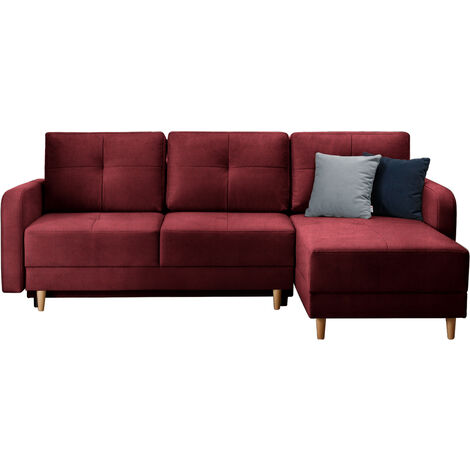 Canapé d'angle convertible et réversible velours KINDO - Pieds bois clair-Bordeaux