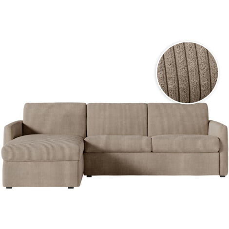Canapé d'angle convertible express 4 places AGATHE 140x190cm en velours côtelé taupe - Matelas 13cm