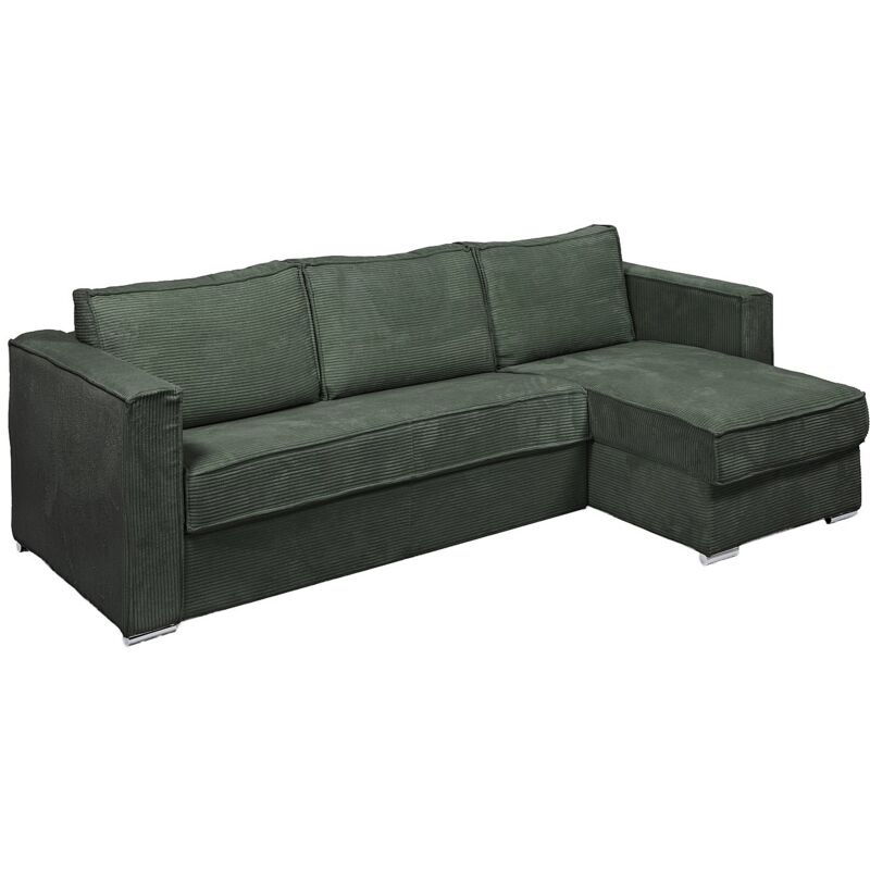Canapé d'angle convertible express et réversible en velours côtelé vert - Couchage à lattes larges 140 cm - Matelas 14 cm loreto