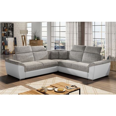 Canapé d'angle - convertible - FELIPE - en tissu beige et simili cuir blanc, 5/6 places