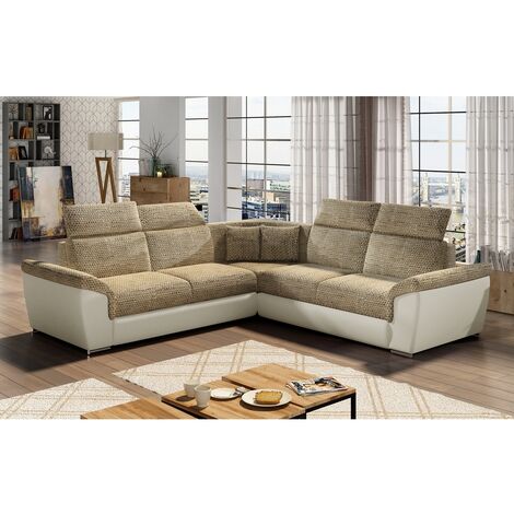 Canapé d'angle - convertible - FELIPE - en tissu beige et simili cuir écru, 5/6 places
