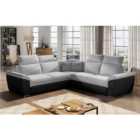 Canapé d'angle - convertible - FELIPE - en tissu gris clair et simili cuir noir, 5/6 places