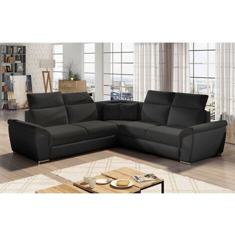 Canapé d'angle - convertible - FELIPE - en tissu noir et simili cuir noir, 5/6 places