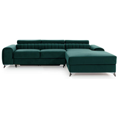 Canapé d’angle convertible GRENKY en velours avec coffre et têtières réglables – 278cm angle droit-Vert forêt-angle droit