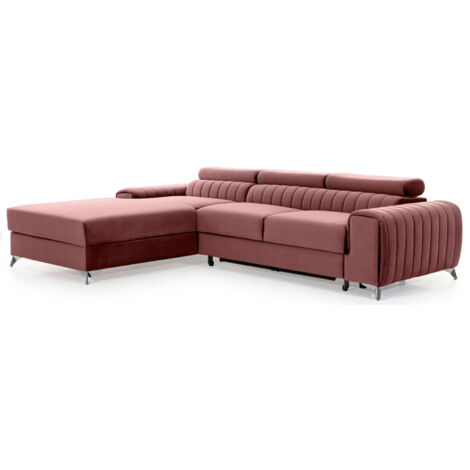Canapé d’angle convertible GRENKY en velours avec coffre et têtières réglables – 278cm angle gauche-Vieux rose-angle gauche