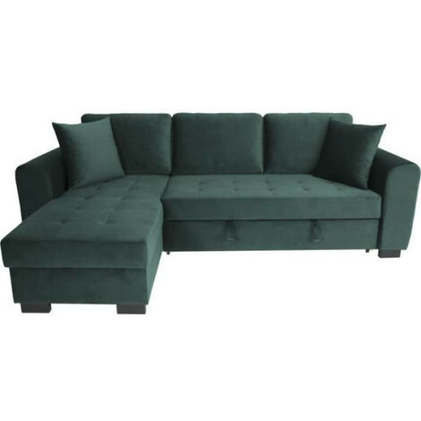 Canapé d'angle convertible HAMILTON 4 places - Tissu velours vert - L 245 x P 140 x H 86 - Coffre de rangement