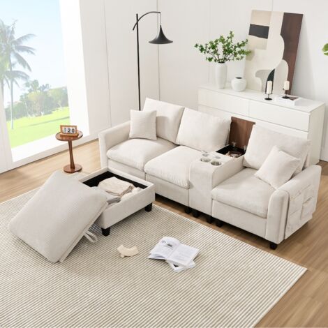 Canapé d'angle convertible L 2 places + console velours côtelé avec rangements, ports USB, porte-gobelets et coussins- 229x149,5x83 cm - Salon - Beige