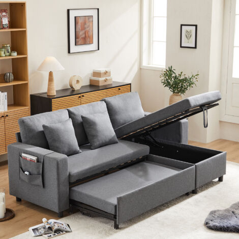 Canapé d'angle convertible  – L réversible, rangement dissimulé, tissu lin , 3‑4 places, 2 coussins, gris foncé