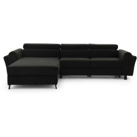 Canapé d’angle convertible MAZALI tissu- Appuis-tête réglables et rangement-Noir-Méridienne A gauche