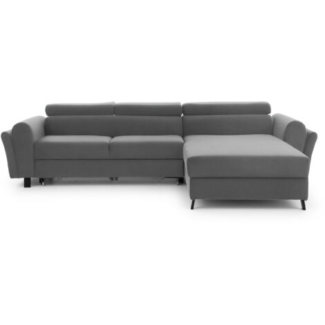 Canapé d’angle convertible MAZALI velours - Appuis-tête réglables et rangement A droite-Gris-Méridienne A droite
