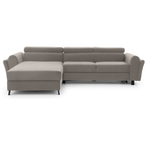 Canapé d’angle convertible MAZALI velours - Appuis-tête réglables et rangement-Beige clair-Méridienne A gauche