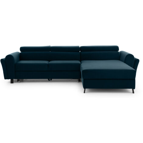 Canapé d’angle convertible MAZALI velours - Appuis-tête réglables et rangement-Bleu foncé-Méridienne A droite