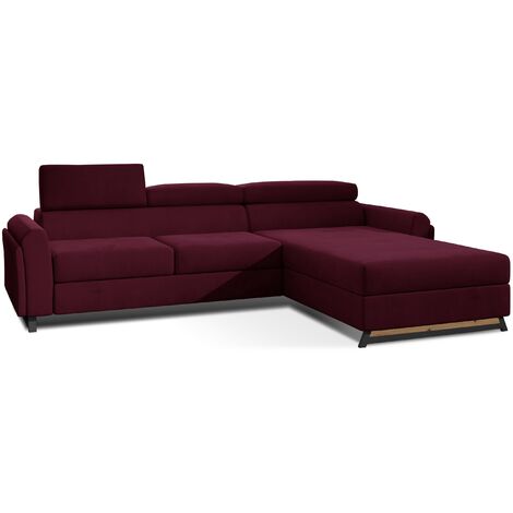 Canapé d’angle convertible MAZALI velours - Appuis-tête réglables et rangement-Prune-Méridienne A droite