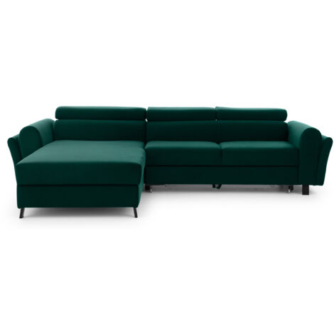 Canapé d’angle convertible MAZALI velours - Appuis-tête réglables et rangement-Vert impérial-Méridienne A gauche