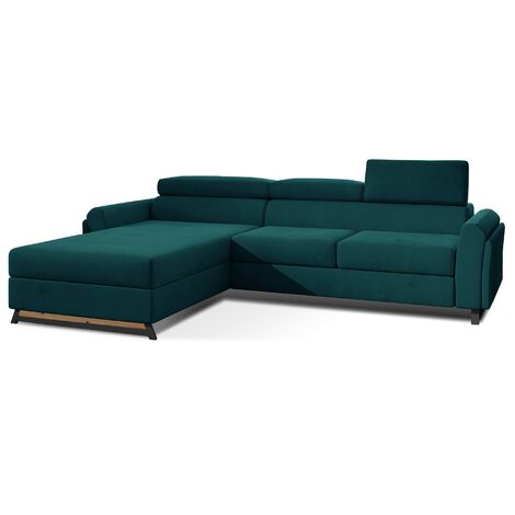Canapé d’angle convertible MAZALI velours - Appuis-tête réglables et rangement-Vert-Méridienne A gauche