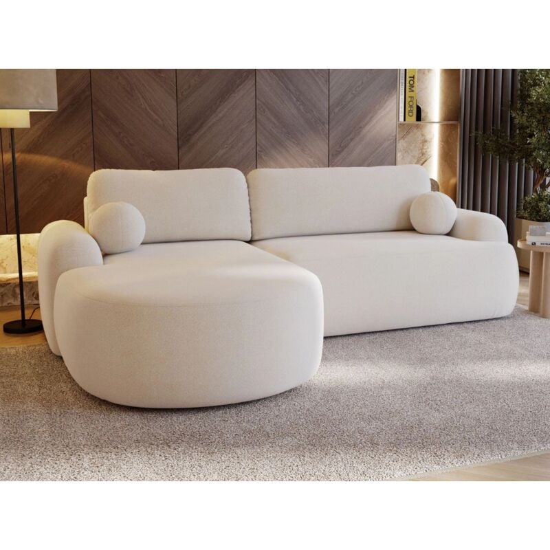 Graingold - Canapé D'angle Convertible Méridienne Gauche Aurio Tissu Velours Blanc