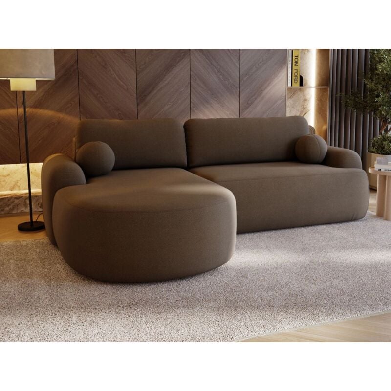 Graingold - Canapé D'angle Convertible Méridienne Gauche Aurio Tissu Velours Marron