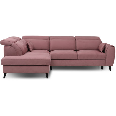 Canapé d’angle convertible NOBLESSE en tissu avec coffre et pieds en bois noir – 265cm angle gauche-Rose poudré-angle gauche