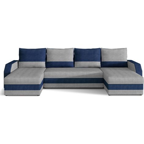 Canapé d'angle convertible panoramique bicolore velours gris clair et bleu Nordy 307cm