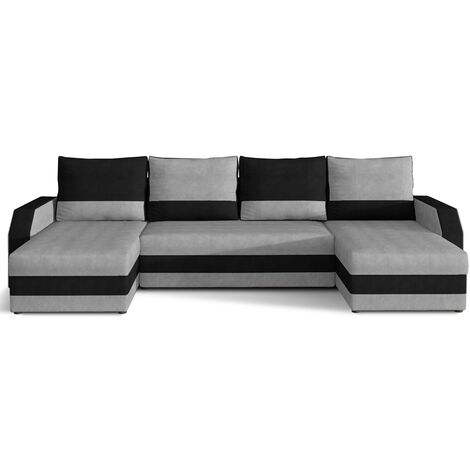Canapé d'angle convertible panoramique bicolore velours gris clair et noir Nordy 307cm