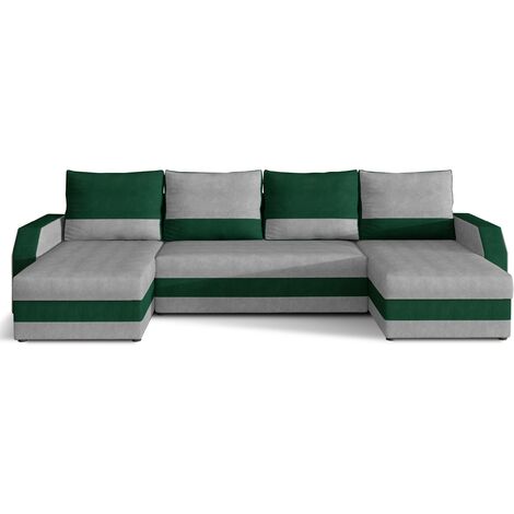 Canapé d'angle convertible panoramique bicolore velours gris clair et vert Nordy 307cm