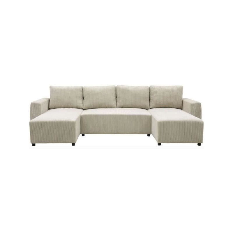 Canapé d'angle convertible panoramique pharell 7 places - Velours côtelé beige - Coffre de rangement - L297 x P155 x H85