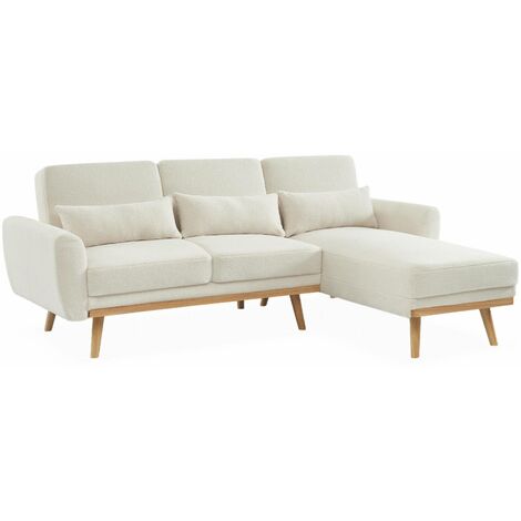 Canapé d'angle convertible réversible 3 places. tissu bouclettes blanches. pieds bois