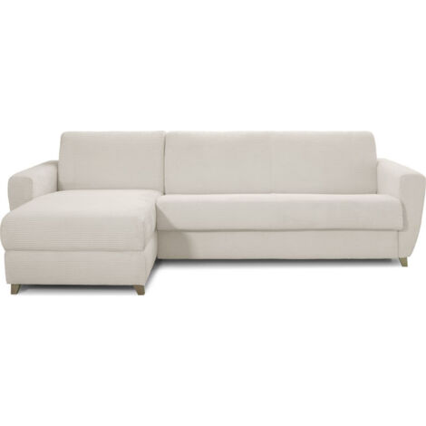 Canapé d'angle convertible réversible 5 places en velours côtelé beige - ouverture express - Leandro