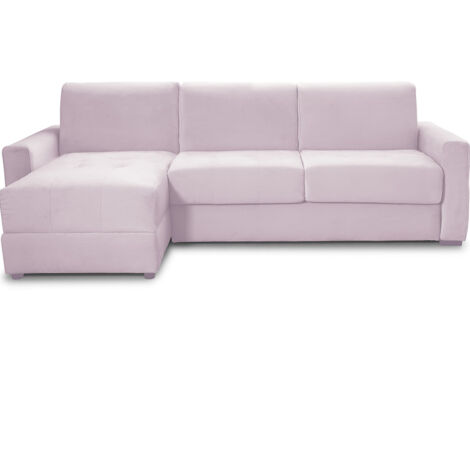 Canapé d'angle convertible réversible 5 places en velours rose pâle - ouverture express - Andrea