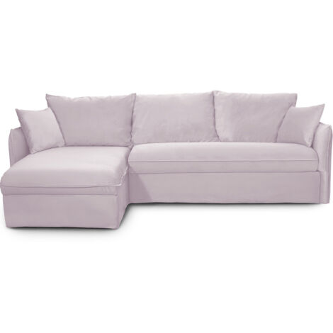 Canapé d'angle convertible réversible 5 places en velours rose pâle - ouverture express - Gina