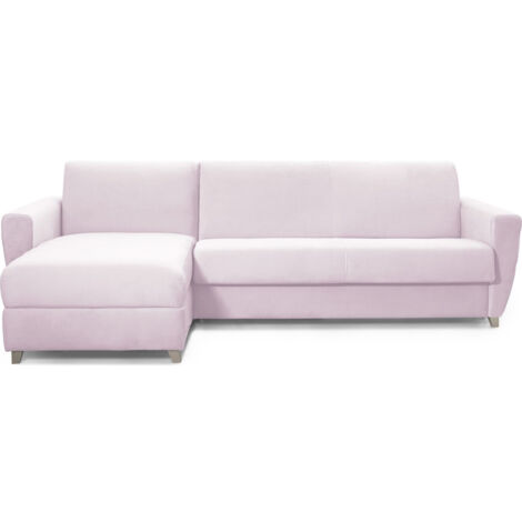 Canapé d'angle convertible réversible 5 places en velours rose pâle - ouverture express - Leandro