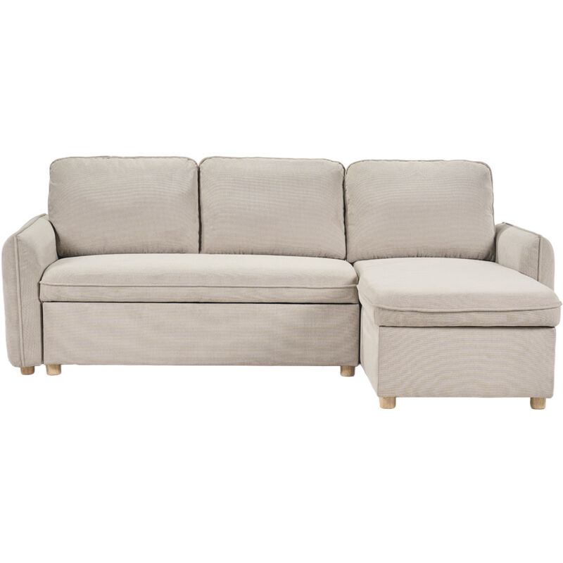 Canapé d'angle convertible réversible avec coffre 3 places en tissu chenille beige et bois clair ORSO