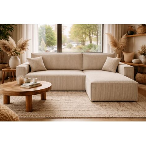 Canapé d’angle convertible réversible, velours côtelé beige, grand coffre de rangement, fonction couchage, montage universel gauche/droite CARLOS L - VINOTTI