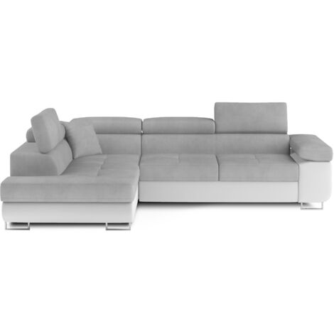 Canapé d'angle convertible simili cuir et tissu MARKA - Coffre et appuis-tête réglables angle gauche-Blanc/Gris souris-angle gauche