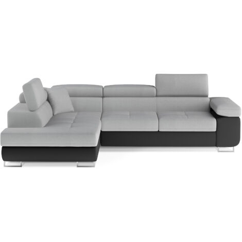Canapé d'angle convertible simili cuir et tissu MARKA - Coffre et appuis-tête réglables angle gauche-Noir/Gris clair-angle gauche