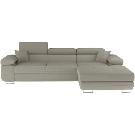 Canapé d'angle convertible tissu appuis-tête réglables KALIZO - Coffre et pieds acier chromé angle droit-Beige-angle droit