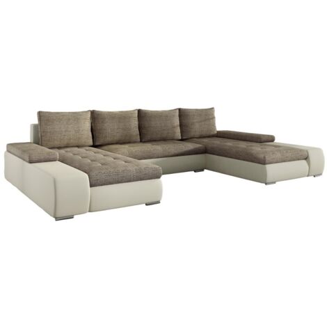 Canapé d'angle convertible tissu et simili cuir beige Rim