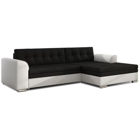 Canapé d'angle convertible tissu et simili cuir KAPONA - Pieds acier chromé angle droit-Blanc/Noir-angle droit