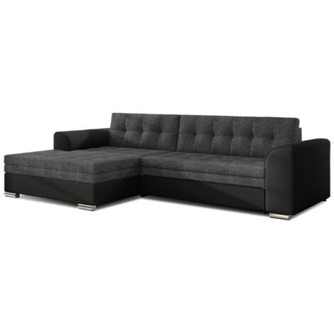 Canapé d'angle convertible tissu et simili cuir KAPONA - Pieds acier chromé angle gauche-Noir/Gris foncé-angle gauche