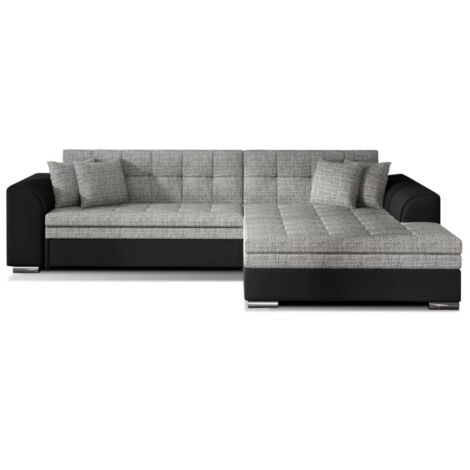 Canapé d'angle convertible tissu et simili LOOKA - Pieds métal chromé angle droit-Noir/Gris chiné-angle droit