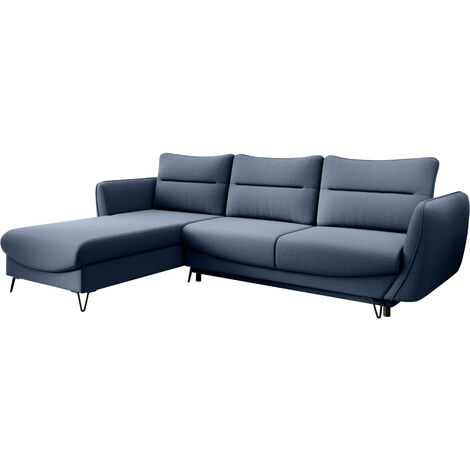 Canapé d'angle convertible tissu ZURIK - Coffre de rangement et pieds métal noir angle gauche-Bleu charrette-angle gauche