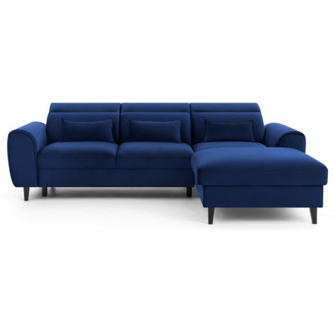 Canapé d'angle convertible velours appuis-tête réglables ASTORIA - Coffre et pieds bois noir angle droit-Bleu nuit-angle droit