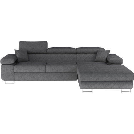 Canapé d'angle convertible velours appuis-tête réglables KALIZO - Coffre et pieds acier chromé angle droit-Gris-angle droit