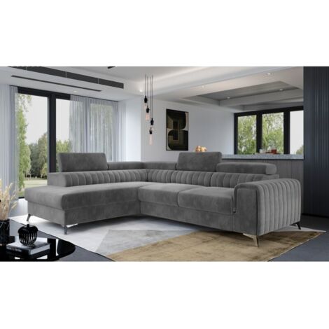 Canapé d'angle convertible velours appuis-tête réglables LOZA - Coffre et pieds acier chromé angle gauche-Gris anthracite-angle gauche