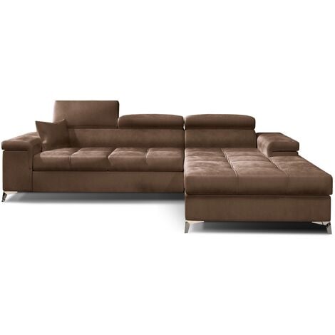 Canapé d'angle convertible velours appuis-tête réglables RIKARO - Coffre et pieds acier chromé-Marron clair-angle droit