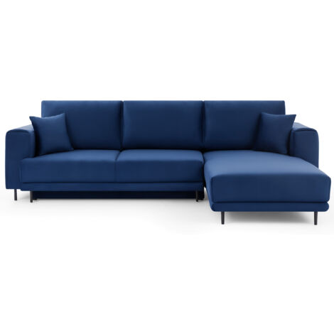 Canapé d'angle convertible velours DAVINA - Coffre et pieds métal noir angle droit-Bleu nuit-angle droit