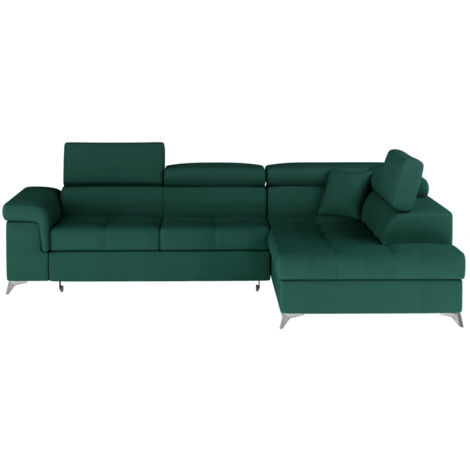 Canapé d'angle convertible velours MARIDO - Coffre et appuis-tête réglables-Vert sapin-angle droit