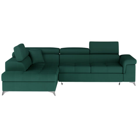 Canapé d'angle convertible velours MARIDO - Coffre et appuis-tête réglables-Vert sapin-angle gauche