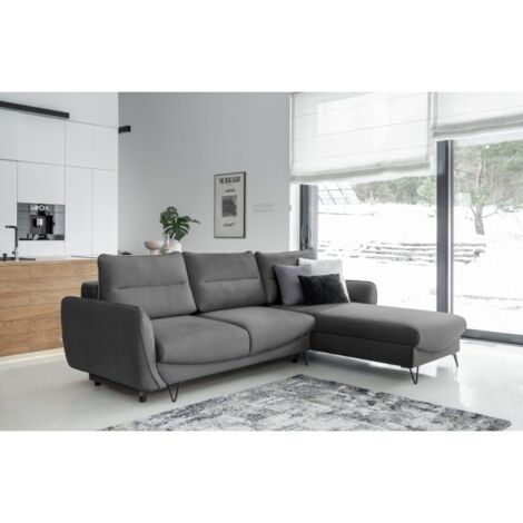 Canapé d'angle convertible velours ZURIK - Coffre de rangement et pieds métal noir angle droit-Gris chiné-angle droit